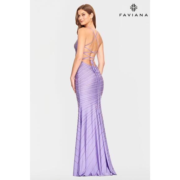 New Faviana Sz 8 Lilac Purple V Neck Prom Dress With Beading Lace Up Corset Back - Picture 1 of 7